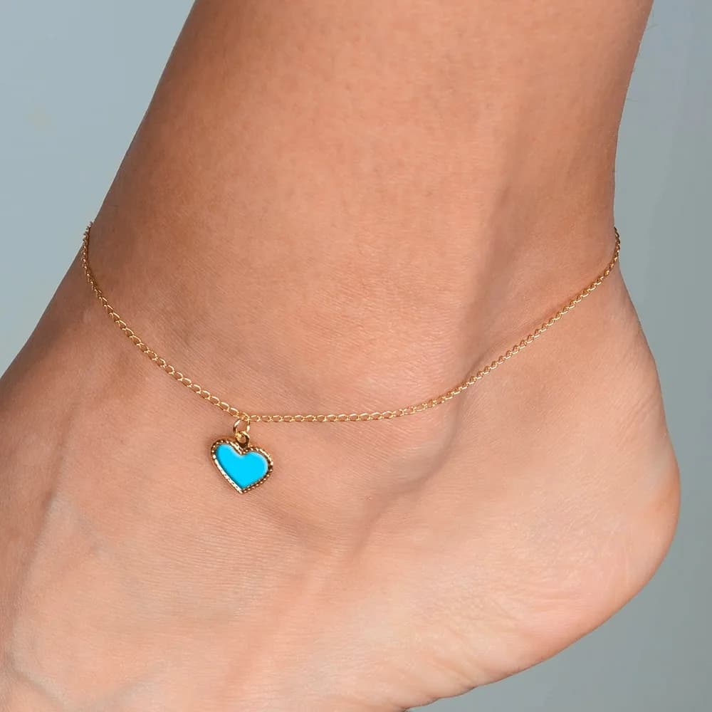 Tornozeleira Dourada De Coração Azul · Banhado a Ouro 18k