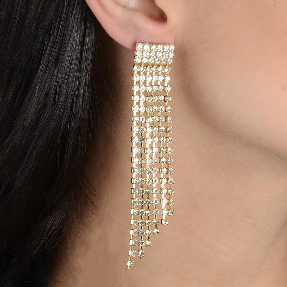 Brinco Dourado de Luxo com 123 Pedras de Strass · Banhado a Ouro 18k